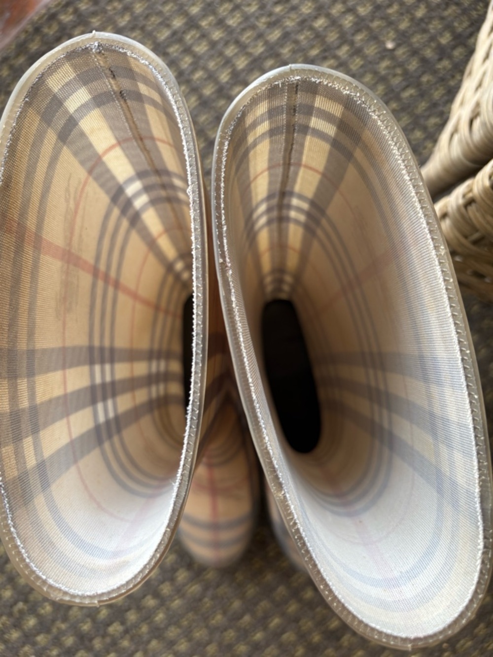 Burberry Beige Plaid Tall Rain Boots with Black Trim - Picture 3 of 5